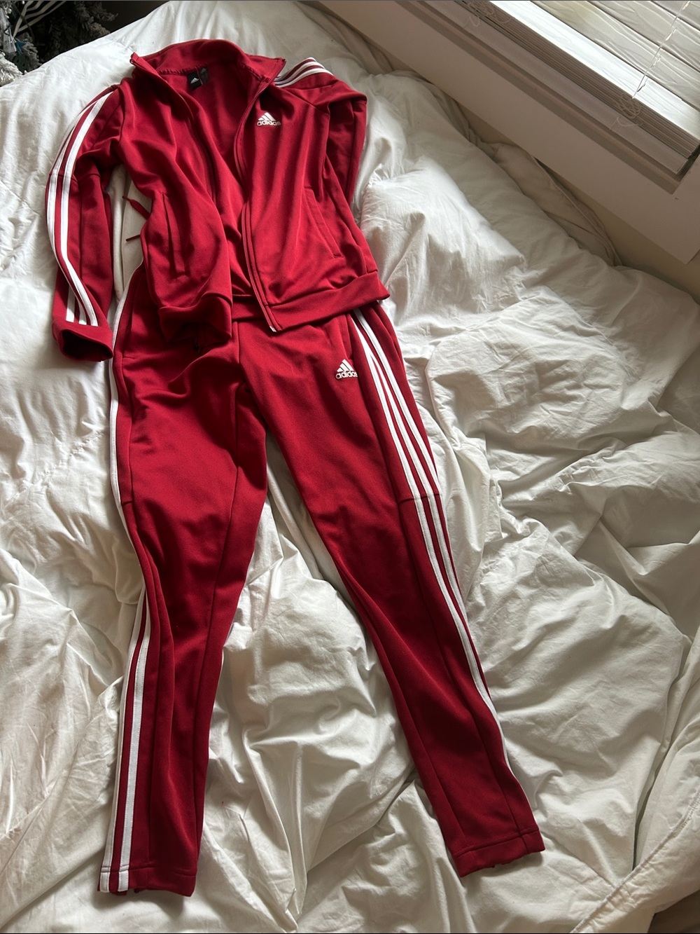 adidas Red Women's Track Jacket and Pants Set with White Stripes
